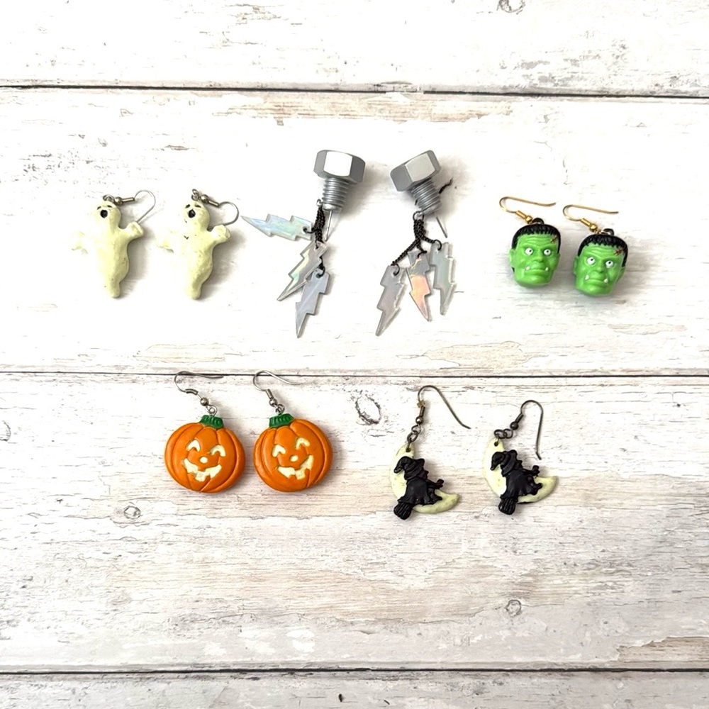 Halloween Dangly Earring Bundle Set of 5 Pair Frankenstein Ghost Pumpkin Witch
